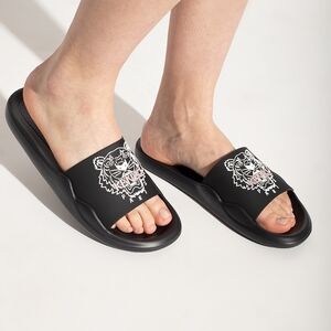 Kenzo Black Slide Sandals with White & Pink Tiger Logo
